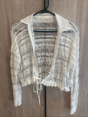 Anthropologie White Sheer Openwork Tie-Front Cardigan